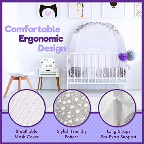 Crib Pop Up Tent - Safety Net Canopy to Protect Your Baby from Crib Rails, Falls and Mosquito Bites - See Through Mesh w/Decorative Border - Sturdy - Unisex - Bonus Set of 2 Bibs with Teething Corner - Thumbnail 5