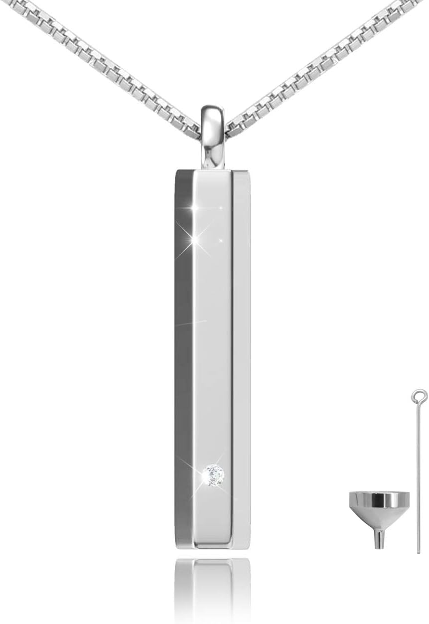 oGoodsunjMinimalist Cremation Keepsake Necklace: Sterling Silver Infinity Eternity Bar Simple Ashes Jewelry Ash Locket Urn Pendant Gift for Women Men (Bar White Gold)