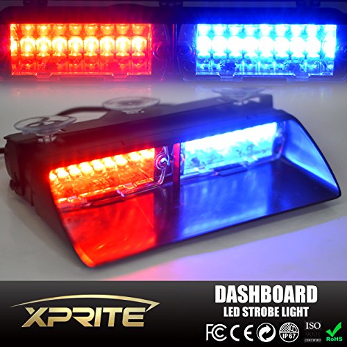 Xprite Red & Blue 16 LED High Intensity LED Law Enforcement Emergency Hazard Warning Strobe Lights For Interior Roof / Dash / Windshield With Suction Cups