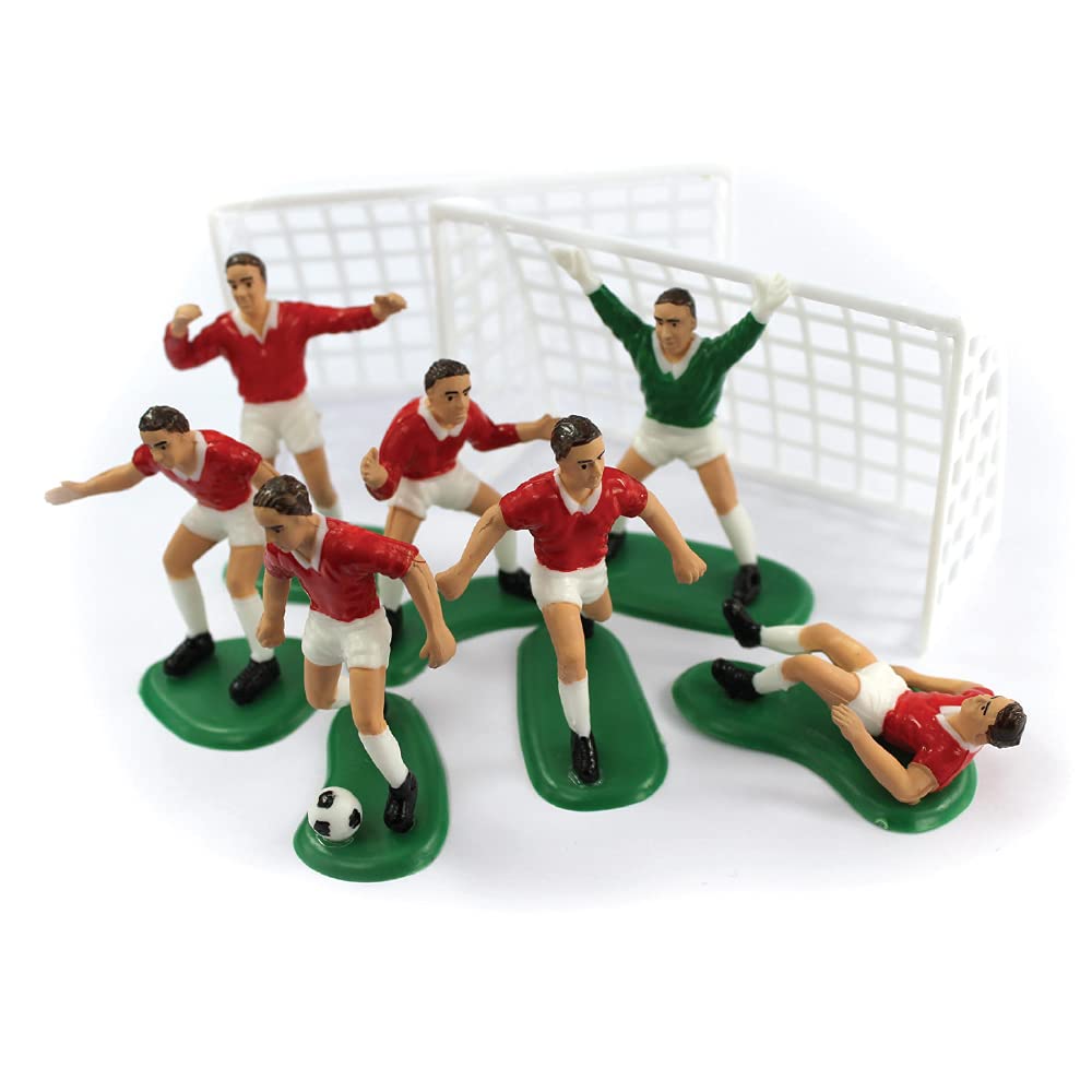 Anniversary House Football Cake Decorations Set Red, 7 Footballers and 2 Nets, Football Cake Topper, Sports Soccer Theme, Football Birthday Decorations, Cake Decorations for Men, Pack of 9pcs, M511