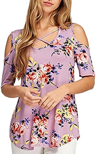 YILE SHU Women Casual Floral Print Cold Shoulder Short Sleeve Crisscross Front V Neck T Shirt Blouse ((US 14) L, Purple)
