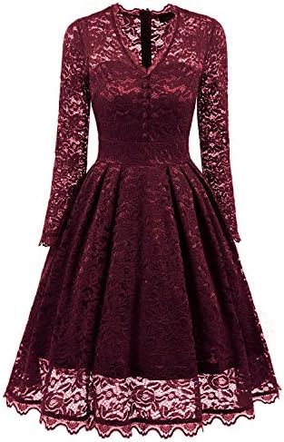 Polkra Women Floral V-Neck Long Sleeve Bridesmaid Prom Cocktail Party Lace Wedding Dress