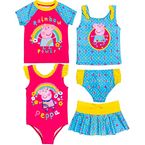 Peppa Pig 5 Piece Swim Set: Rash Guard One-Piece Tankini Bottom Skirt