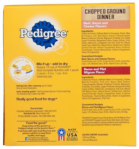 PEDIGREE CHOPPED GROUND DINNER 8 POUCHES,4-BACON AND FILET MIGNON FLAVOR, 4-BEEF, BACON, AND CHEESE