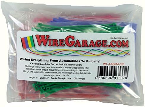4" Colored Nylon Cable Ties, .1" Width, 18lb Tensile Strength, 100 Each of 6 Assorted Colors (600 Pieces Total), Made in the USA