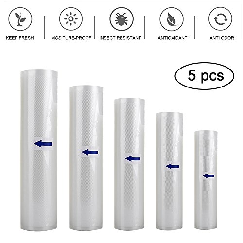 Click Here to See More Images Vacuum Sealer Bags,iDeep 5 Rolls/Pack Vacuum Storage Bags Vacuum Storage Bags Food Saver Bags 16.4ft Each Roll for Kitchen Picnic Food Save Storage Packaging