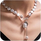 Boho Beaded Irregular Baroque Pearl Choker Necklace for Women Dainty, Trendy Chunky Gold OT Buckle White Pearls Beads Coin Disc Pendant Y Necklaces