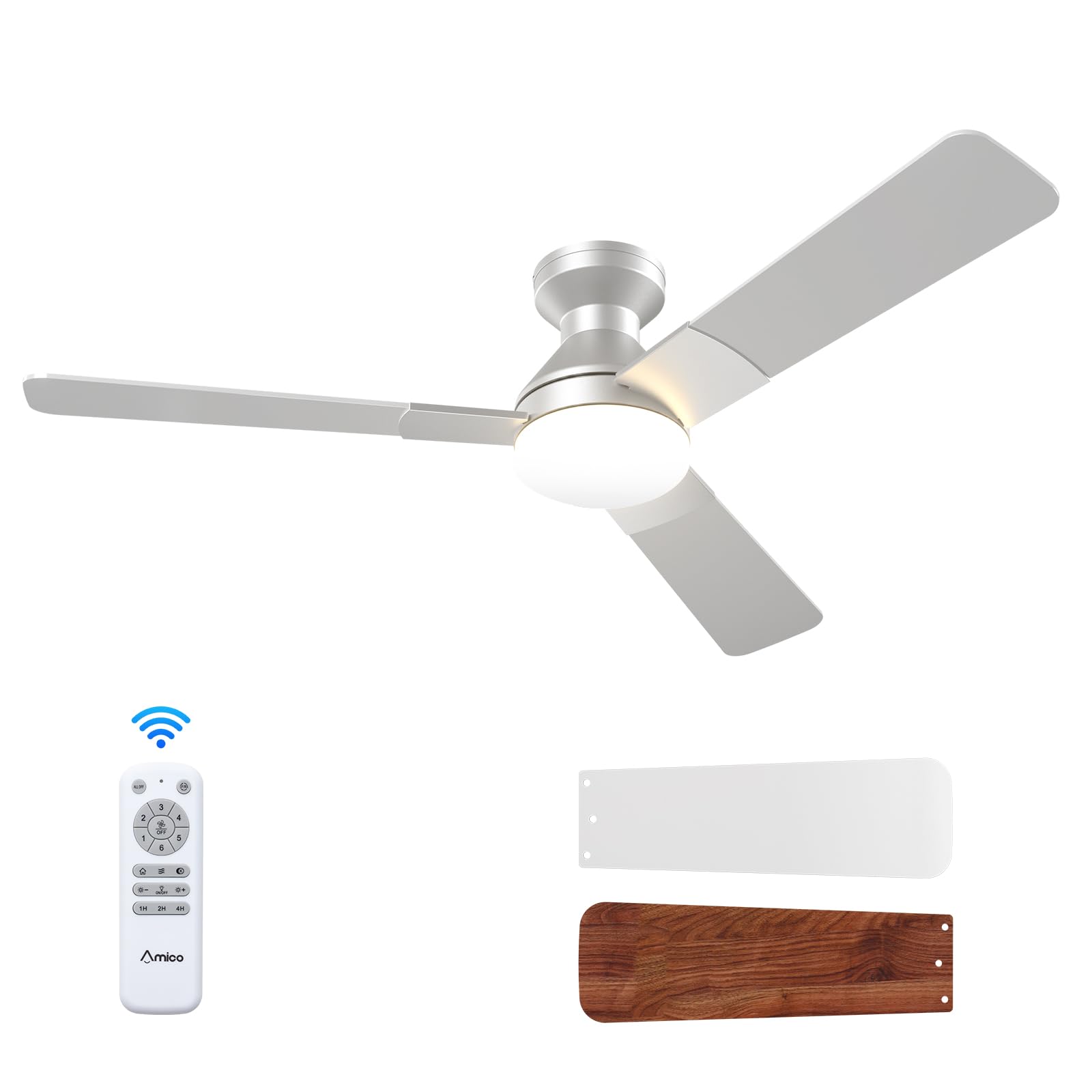 Photo 1 of Amico Ceiling Fans with Lights, 52 inch Low Profile Ceiling Fan with Light and Remote Control, Flush Mount, Reversible, 3CCT, Dimmable, Noiseless, Silver Ceiling Fan for Bedroom, Indoor/Outdoor Use