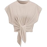 BQDCQB Crop Tops for Women Cap Sleeve Tie Front Solid Ruched T-Shirt Tops 2025 Summer Crew Neck Tee Shirts Blouse