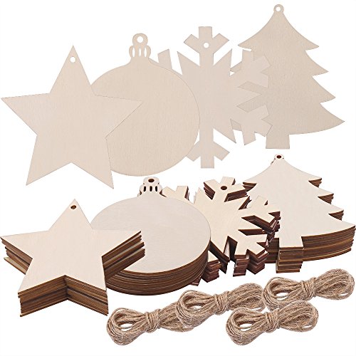 Caydo 40 Pieces 4 Style Wood Slice Gift Tags Set Round Wood Wooden Snowflake Star Cutouts for Kid DIY Crafts Hanging