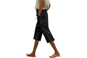 Linen Bermuda Shorts for Women Cotton-Linen Capris Casual Summer Cropped Pants Loose Fit Beach Capri Pant with Pocket