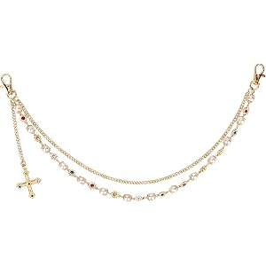 Gold Chain for Pants, Fashionable Double Layer Wallet Jean Belt Chain Pearl Rhinestones Layered Cross Hip Hop Pocket Accessor