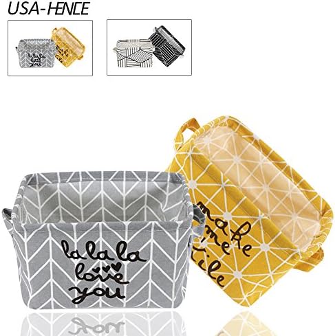 Small Storage Basket Canvas Fabric Foldable Organizer with Handle Collapsible and Convenient for Nursery and Babies Room 100% COTTON for Home Office Shelves &amp; Desk USA-HENCE (Grey&amp;Yellow)