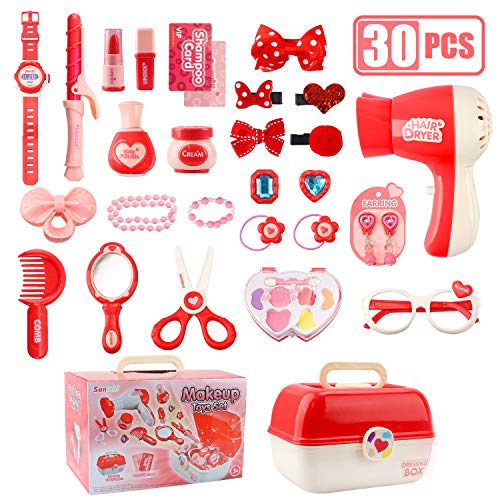 Sanlebi Pretend Makeup Sets for Girls, Role Play Toy Box Play Jewellery Cosmetics Kits Princess Dress Up Hairdressing Set with Portable Case Gifts for 3 Year Olds Girls(30PCS) - Thumbnail 7