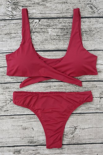 ESONLAR Hipsters Sexy Scoop Neck Cropped Top Bandage 2PCS Swimsuit Bikini Sets Wine S