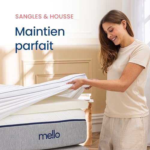 Mello Mattress Topper 160 x 200 cm Duo 8 cm Memory Form, Hotel Quality, Washable Quilted Cotton Cover, Soft and Breathable Comfort, High Density, Made in France