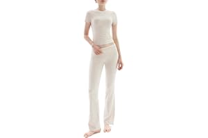 PUMIEY Women's 2 Piece Lounge Sets Short Sleeve Tops Fold-Over Flare Pants Casual Outfits Matching Set Nap Collection