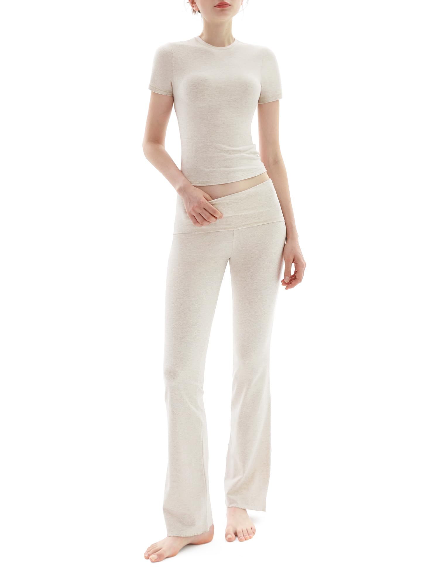 Photo 1 of PUMIEY Lounge Sets for Women Two Piece Sets Fold-Over Flare Pants Crew Neck Short Sleeve T-shirts Loungewear Tracksuit, Heather Oatmeal Medium