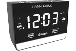 HANNLOMAX HX-131CR Alarm Clock Radio. PLL FM Radio, 1.2" White LED Display, Bluetooth, USB Ports for 2.4A & 1A Charging/MP3 Playback, Night Light, AC Power Operation only.