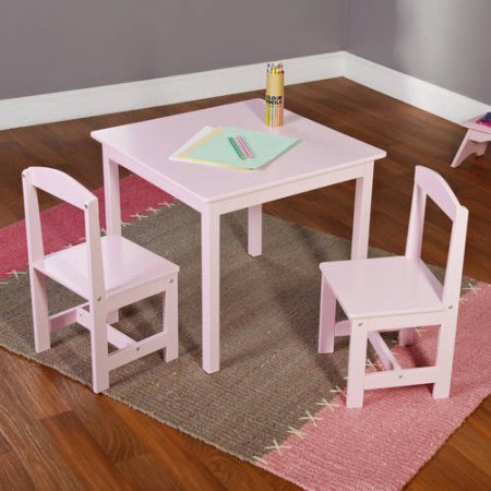 Hayden Kids White 3 Piece Table And Set Chair Simple Living Chairs Bedroom Playroom Boys Girls Play, Table dimensions: 23.6"W x 23.6"D x 20"H, Chair dimensions: 11"W x 11.6"D x 22.25"H (Pink)