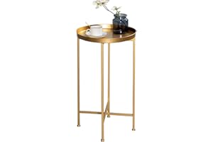 HollyHOME Small Round Metal Waterproof End Table, Accent Indoor&Outdoor Side Table, Sofa Table for Living Room, Anti-Rust Decorative Plant Stand, (D) 14.5" x (H) 25", Golden