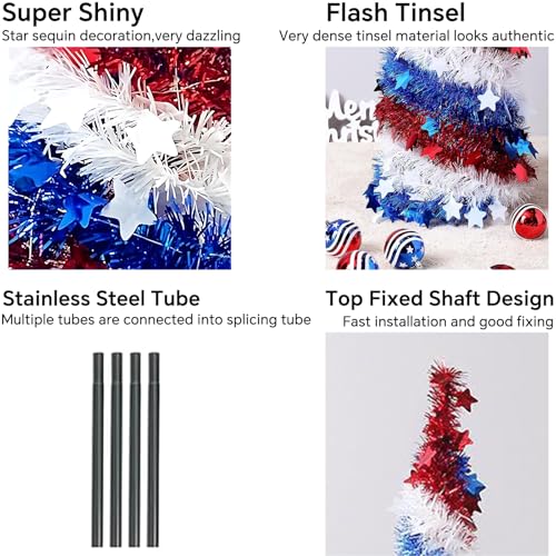 5Ft Pop up Christmas Tree 4th of July Patriotic Decorations Tree, Artificial Collapsible Star Sequins Christmas Tree for Indoor Outdoor Independence Day Red White and Blue Decorations