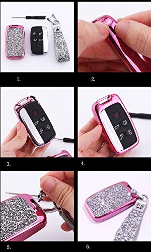 Royalfox(TM) 5 Buttons 3D Bling keyless Entry Remote Smart Key Fob case Cover for Land Rover Defender Discovery Sport LR2 LR3 LR4 Range Rover Sport EVOQUE and Jaguar XF XJ XJL XE F-PACE (Pink) - Thumbnail 2