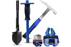 “A peerless shovel ”8 PCS Geology Rock Pick Equipment Kit,32 oz. Rock Pick Hammer, 1pcs Mason Chisel,Multifunctional Military Shovel， Safety Glasses (blue2)