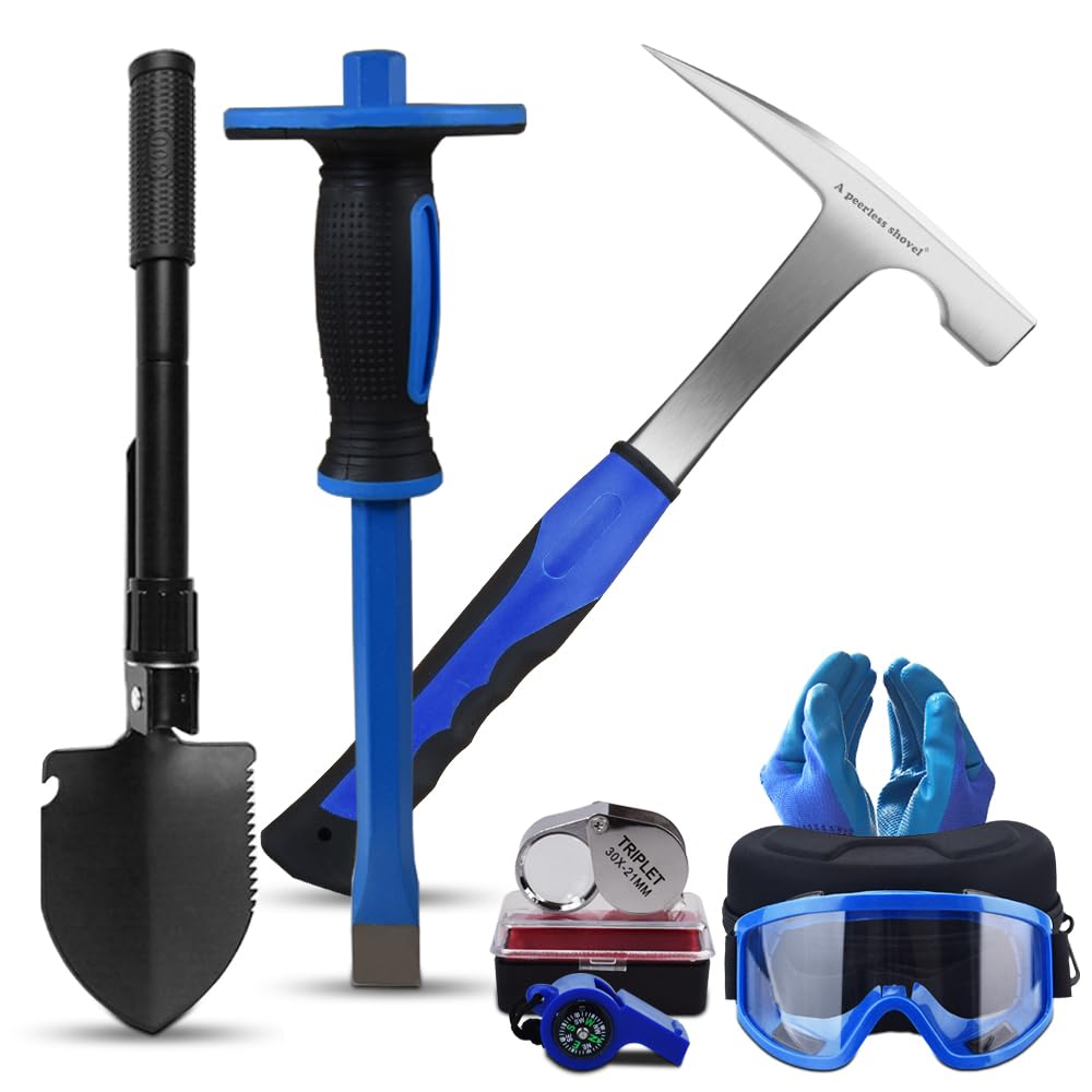 Photo 1 of “A peerless shovel ”8 PCS Geology Rock Pick Equipment Kit,32 oz. Rock Pick Hammer, 1pcs Mason Chisel,Multifunctional Military Shovel? Safety Glasses (blue2)