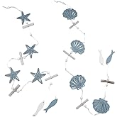GUEDKIKL 2pcs Beach Seashell Starfish Wall Hanging Decor, Ocean Theme Fish Driftwood Hanging Ornaments with Rope, Wood Marine Pendant for Home Decoration