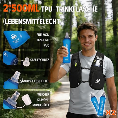 ONETOALL Women's Running Vest with 2 Foldable Water Bottles, 500 ml, Hydration Vest Running Vest Running Backpack Hydration Backpack Reflective for Marathon Trail Running Jogging Cycling