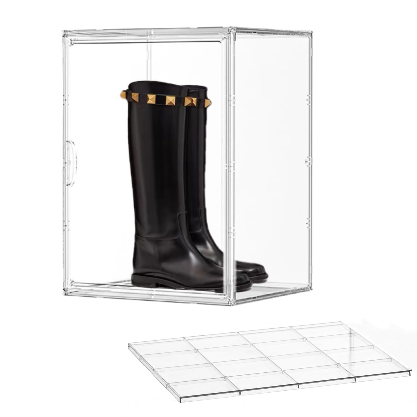 Photo 1 of Acrylic Display Case with an Adjustable Divider, 2 Tiers XXX-Large Boot Shoe Storage Boxes Clear Plastic Stackable Storage Bin with Lids Super Large Clear Display Box for Shoes, Collectibles