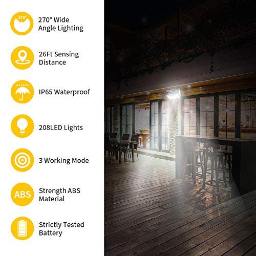 208 Led Outdoor Solar Lights, Flood Lights Outdoor Solar Security Light with Motion Sensor, 3 Optional Modes Waterproof Motion Sensor Solar Motion Lights, Solar Battery Powered Flood Light for Outdoor