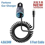 Coiled Cable Lightning Car Charger 5V 24W 4.8A -6 Foot for iPhone X / 8 / 7 / 6s / Plus, iPad Pro / Air 2 / mini, Galaxy S7 / S6 / Edge / Plus, Note 5 / 4, LG, Nexus, HTC Nexus Pixel Nintendo Garmin