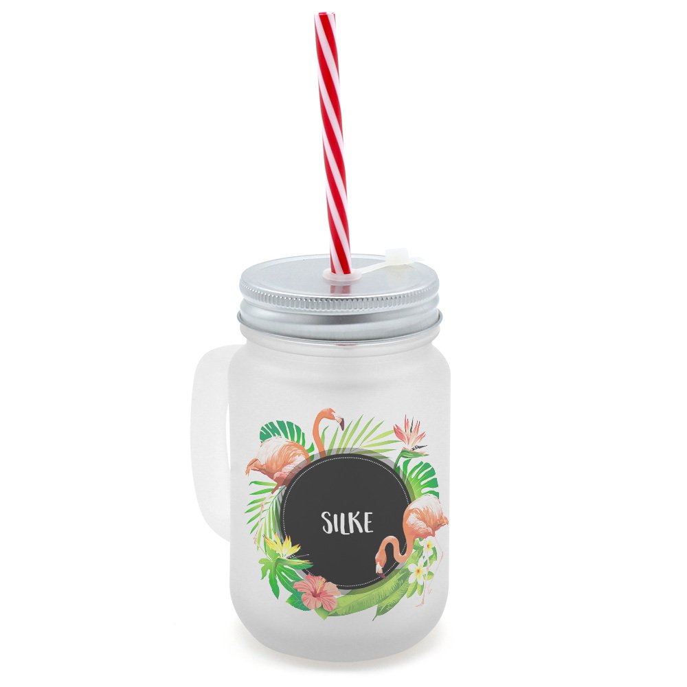 Henkel-Glas satiniert mit Deckel und Mehrweg-Trinkhalm printplanet