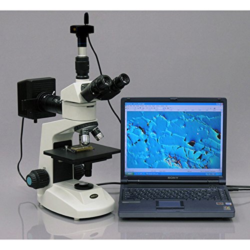 AmScope ME320T-PZ-8M Digital Polarizing Trinocular Metallurgical Microscope, WF10x Eyepieces, 50X-500X Magnification, 30W Halogen Illumination with Rheostat, Double-Layer Mechanical Stage, Sliding Head, High-Resolution Optics, 90-240V, Includes 8MP Camera