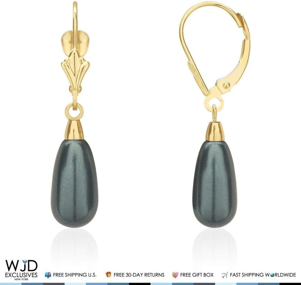 14K Yellow Gold Teardrop Pearl Leverback Dangle Drop Earrings