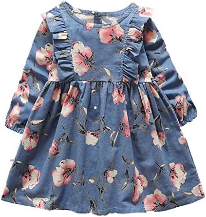 Bestime Fall Girl's Dress Cotton Long Sleeve Floral Printed Ruffles Children Dress (2 years, Blue)
