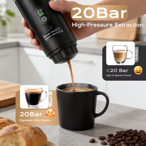 Yaskyly Portable Coffee Maker, 20 Bar, 3 in 1 Portable Espresso Machine Compatible with Small/Large Capsules and Ground Coffee, Self-Heating, Portable Coffee Maker for Travel, Camping Car