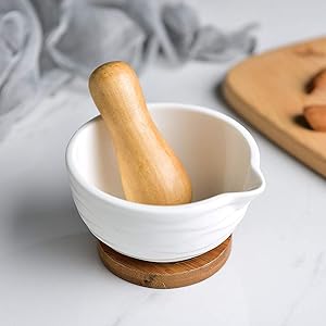 BEYLLOS Porcelain Mortar and Pestle Set Spice Herb Grinder Pill Crusher Pill Crusher Grinding Bowl with Non-Slip Detachable Wood Base 4 inch