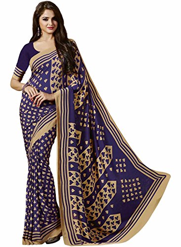 IndusDiva Women's Blue and Beige Crepe Saree