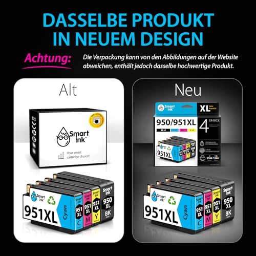 Smart Ink Compatible Printer Cartridges to Replace HP 950XL 951XL 950 XL 951 XL 4 Multipack (Black & Cyan Magenta Yellow) Cartridges High Yield for HP Officejet Pro 8100 8600 8615 8616 8620 8640