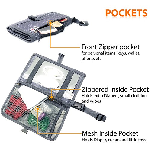 Portable Diaper Changing Pad for Baby to Toddler - Waterproof Cushioned Pad and Built in Head Pillow, 3 Pockets - Wipeable - Lightweight On the Go Diapering Solution - Stylish Unique Design - Grey