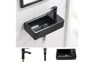 Wall Mount Corner Bathroom Sink with Faucet-Bokaiya 18 Inch Small Bathroom Sink Matte Black Porcelain Ceramic Cloakroom Mini Wall Mount Floating Vessel Sink with Faucet and Drain Combo, Right Hand