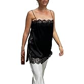 Yoawdats Women Satin Lace Long Tank Tops Sleeveless Silk Camisole Lace Trim Square Neck Silk Spaghetti Strap Undershirts