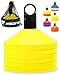 Pro Disc Cones (Set of 50) - Agility Soccer Cones with Carry Bag and Holder for Sports Training, Football, Basketball, Coaching, Practice Equipment, Kids - Includes 15 Best Drills Book (Bright Yellow)