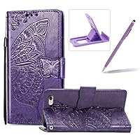 Strap Leather Case for iPhone 6S,Wallet Cover for iPhone 6,Herzzer Classic 3D Dark Purple Butterfly Flower Print Relief Magnetic Stand Case with Soft TPU