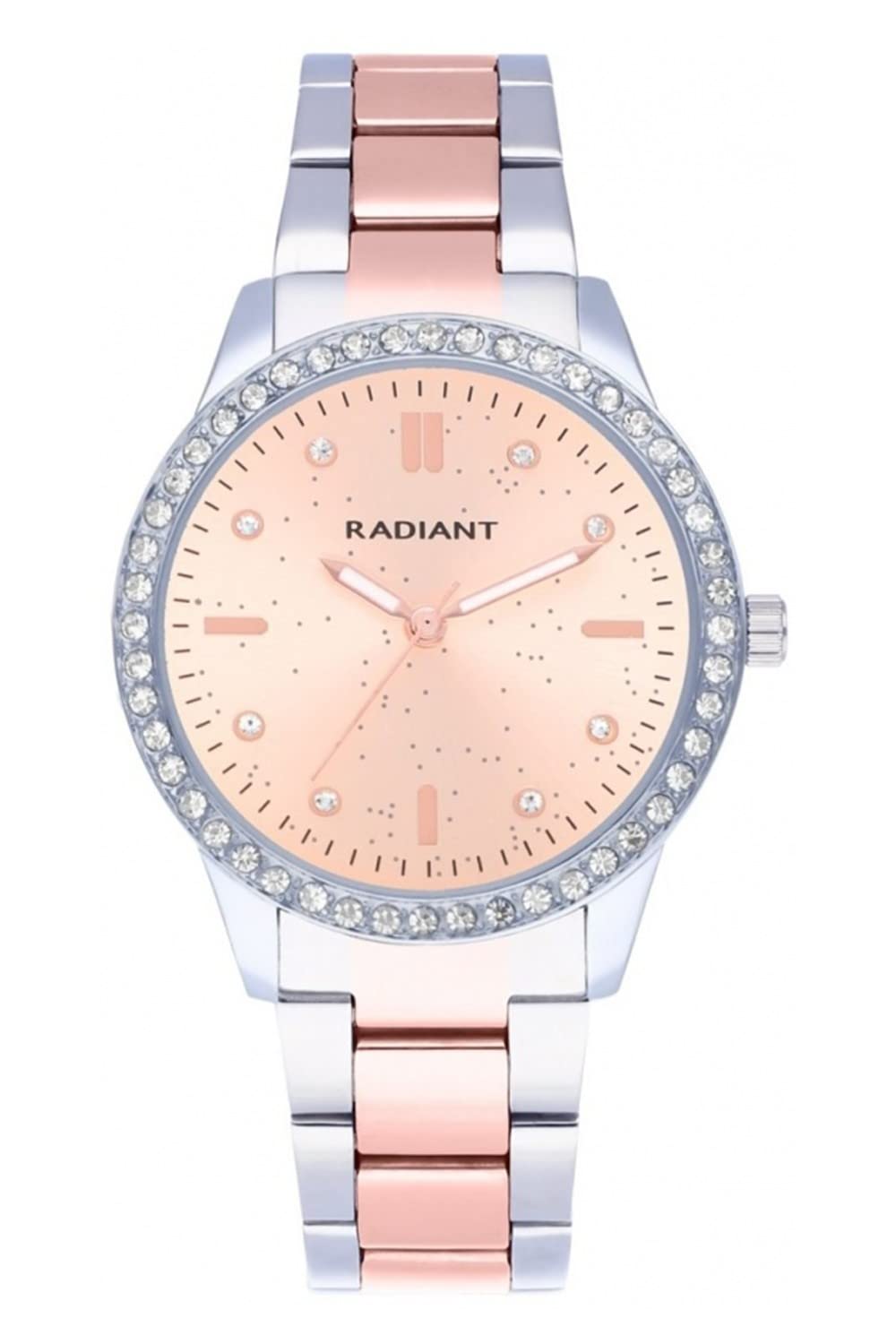 Radiant - Universe Collection - Analogue and Automatic Watch. Women's Wristwatch. Silver Bracelet Watch with Rose Gold dial, Two-Tone Strap and Pink Rhinestones on The Bezel. 3 ATM. 38 mm.,