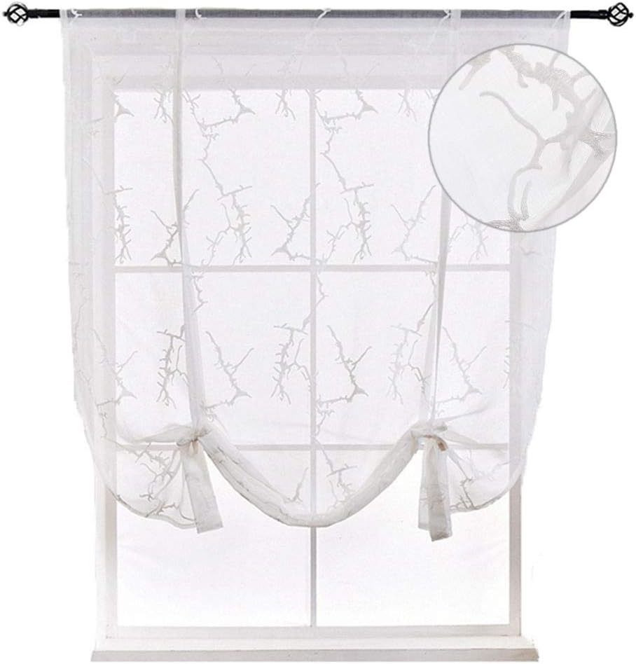 HomeyHo Curtains Branches Design Window Curtains Sheer Floral Tie Up Curtains for Bedroom Sheer Curtain Girls Semi Sheer Curtain Floral Liftable Curtain Curtains Tie Up, 39 x 47 Inch, White
