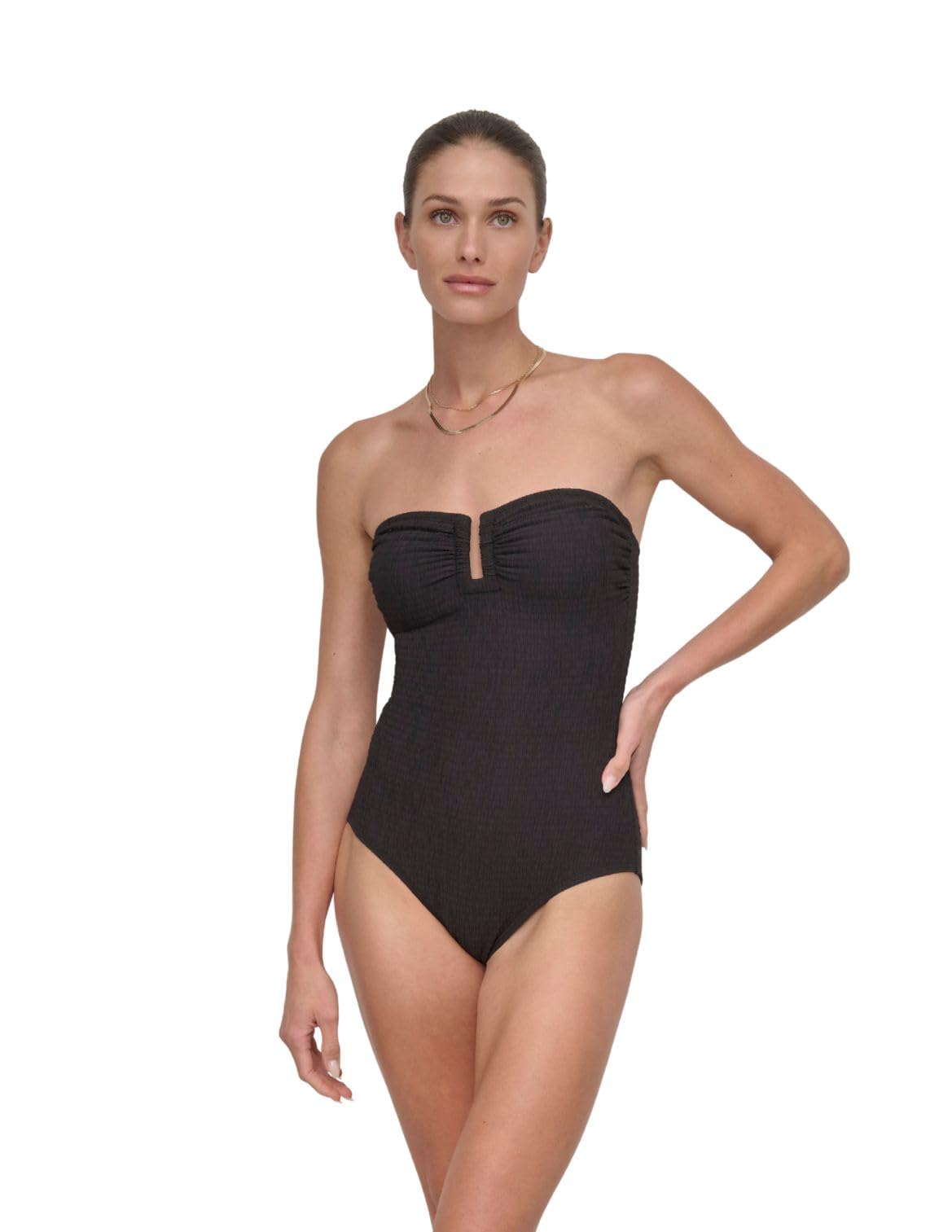 DKNY Women’s U-Wire Bandeau One Piece Swimsuit with Tummy Control, Black Texture, X-X-Large